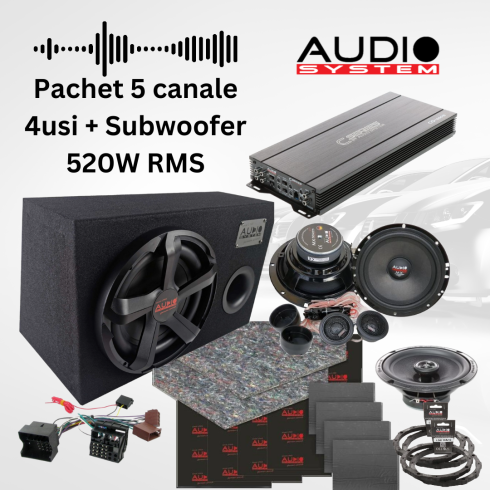 Pachet 5 canale - difuzoare  fata + spate MX EVO  cu amplificator 5 canale Audio System, Subwoofer Carbon 10 BR, inele si cablaje plug&play pe masina