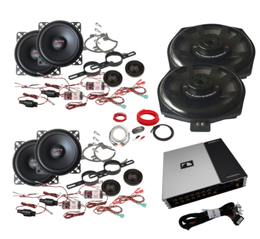 4 komponens hangszóróból, 2 ülések alatti mélynyomóból, DSP erősítővel ellátott audiocsomag, BMW E/F/G sorozathoz, gyűrűkkel és plug and play kábelezéssel