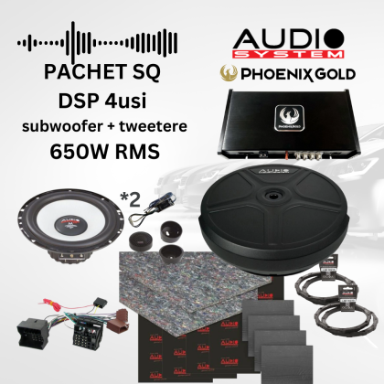 Pachet SQ - difuzoare  fata + spate MX EVO  cu amplificator cu DSP ZDA4.6, subwoofer roata rezerva,  inele si cablaje plug&play pe masina