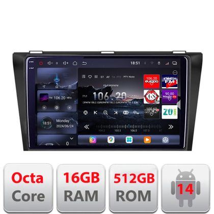 Navigatie Mazda 3 2004-2009 Edotec Kit-161 8 core QLED 2K 16+512GB 360 Android Waze USB Navigatie Internet Youtube Radio