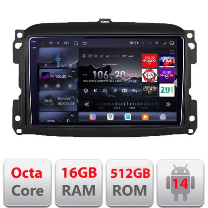 Navigatie Fiat 500 2015-2021 Edotec Kit-500new 8 core QLED 2K 16+512GB 360 Android Waze USB Navigatie Internet Youtube Radio